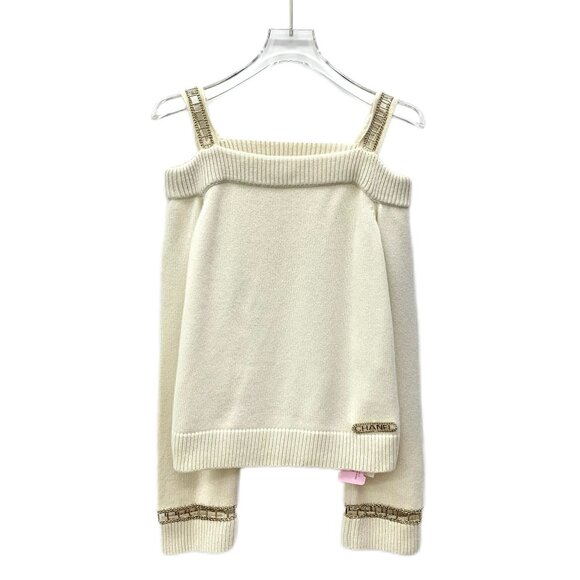 CW0612 Chanel Beige Off-the-shoulder Track Chain Cashmere Knitted Sweater 34 XXS